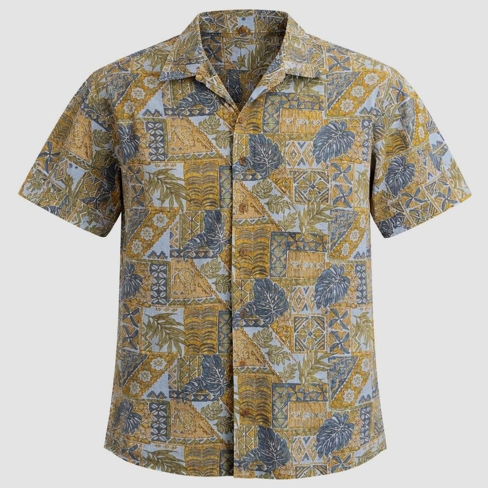 Hilo Hattie Hawaiian Shirt 2XL Tribal Symbols Tropical Leaves Floral Gold-Brown